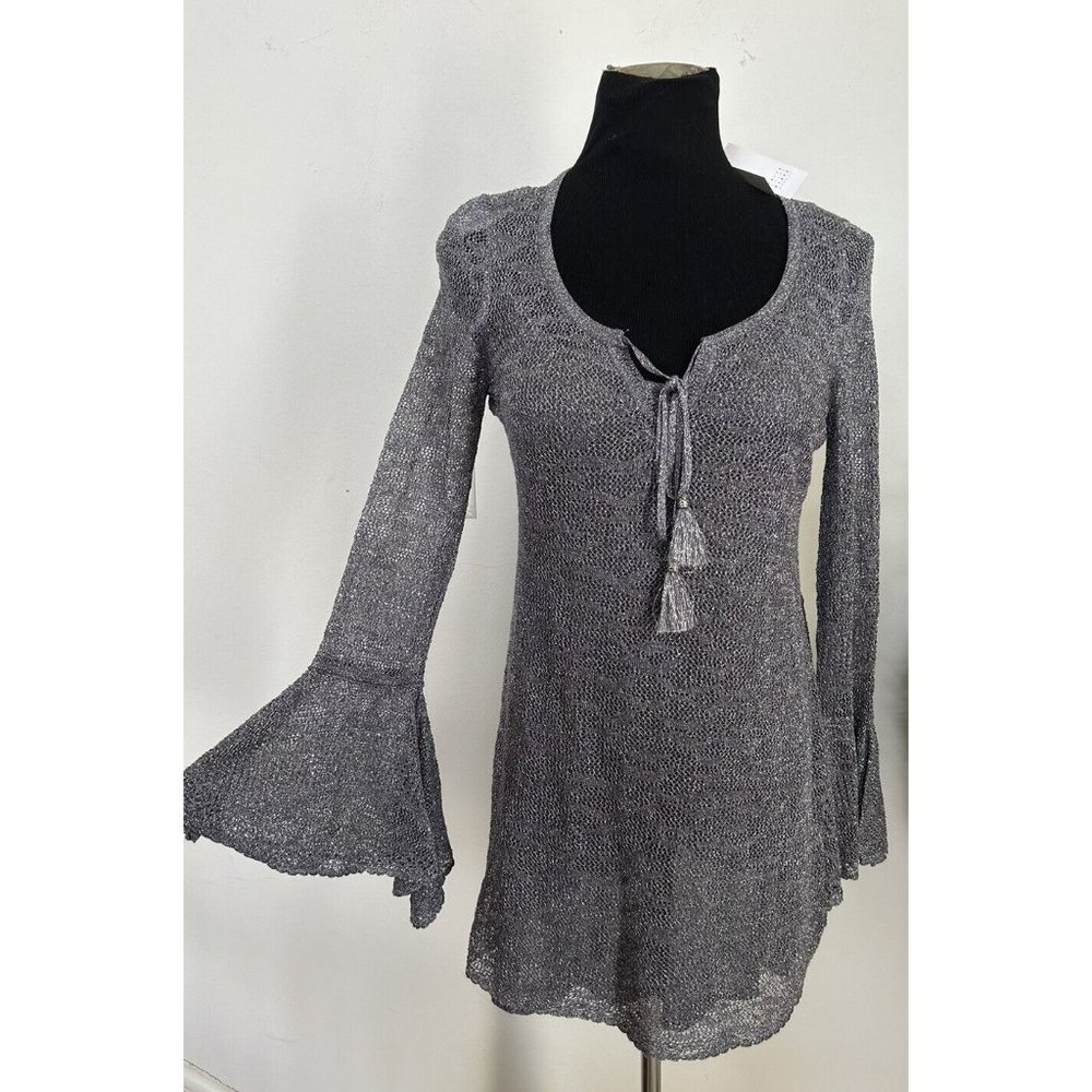 NWT White House Black Market Bell Sleeve Metallic V-Neck Tunic 2pc Sweater Sz S